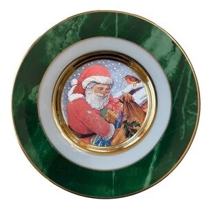 Vintage Christmas Santa Presents Plate Green White Gold Dufex Art Made in Japan